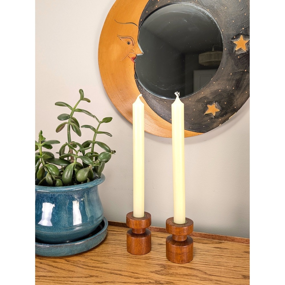Vintage Danish Teak Wood Candlestick Holders Mid Century Modern Made in Denmark